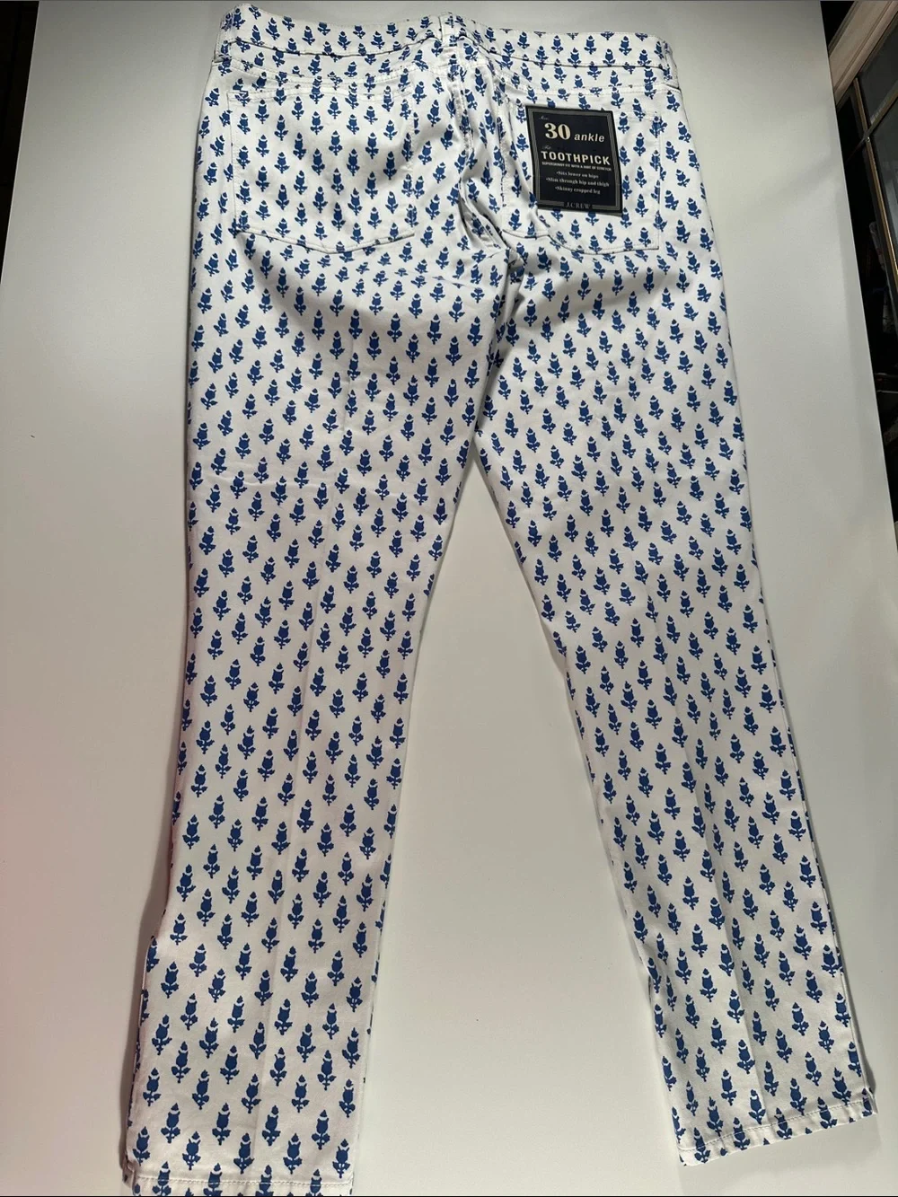 J. Crew Men’s Toothpick Ankle Jeans in White with Blue Print